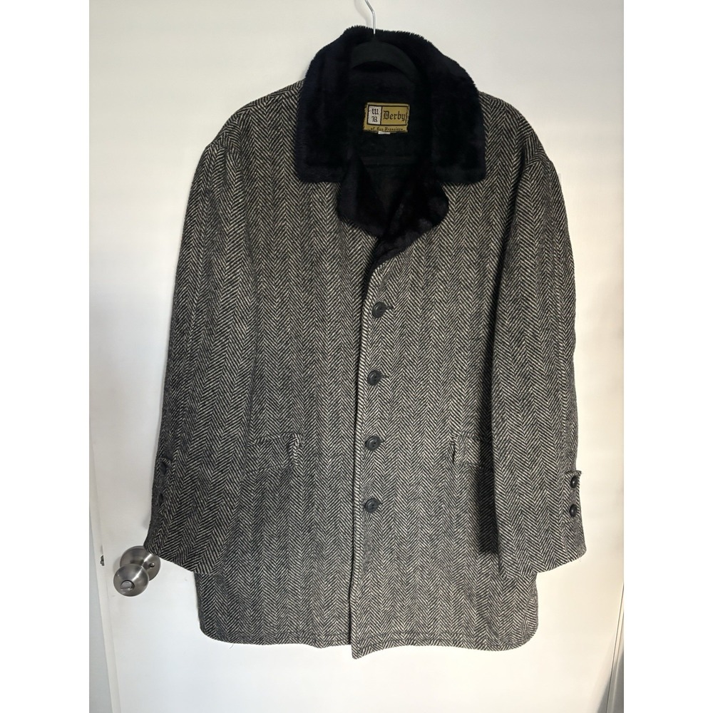 Vintage W. Derby of San Francisco Wool Herringbone Faux Fur Lined Overcoat Sz 42